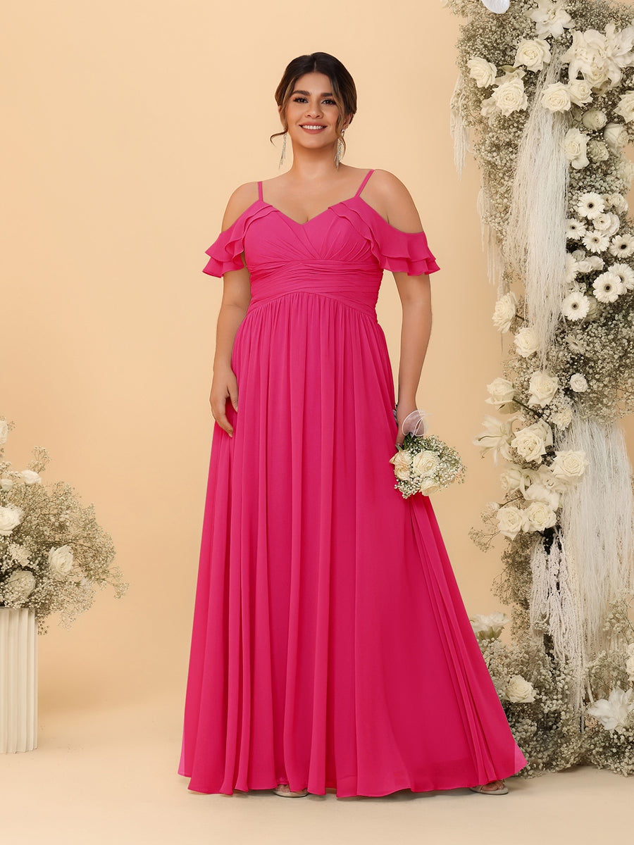 A-Line/Princess V-Neck Spaghetti Straps Chiffon Ruched Plus Size Bridesmaid Dresses Fuchsia Pink