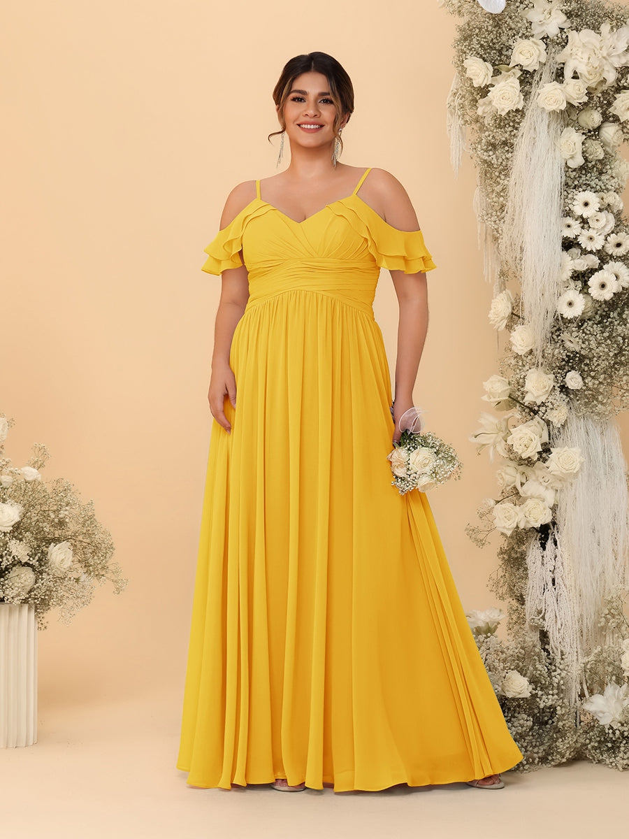 A-Line/Princess V-Neck Spaghetti Straps Chiffon Ruched Plus Size Bridesmaid Dresses Gold