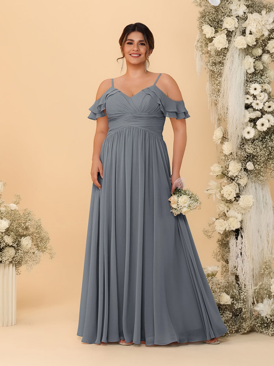 A-Line/Princess V-Neck Spaghetti Straps Chiffon Ruched Plus Size Bridesmaid Dresses Gray