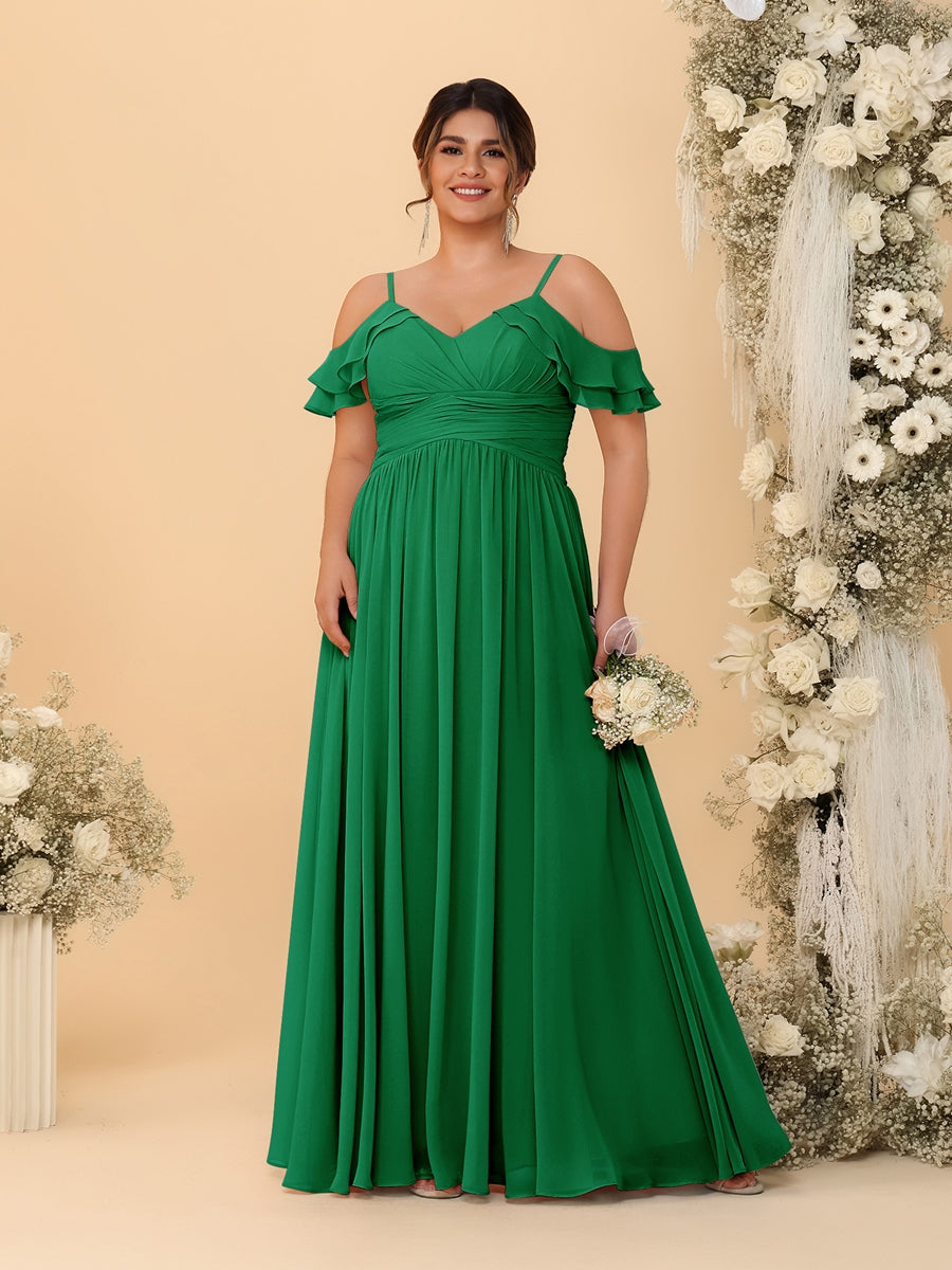 A-Line/Princess V-Neck Spaghetti Straps Chiffon Ruched Plus Size Bridesmaid Dresses Green