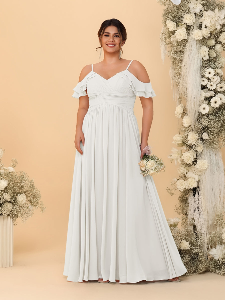 A-Line/Princess V-Neck Spaghetti Straps Chiffon Ruched Plus Size Bridesmaid Dresses Ivory