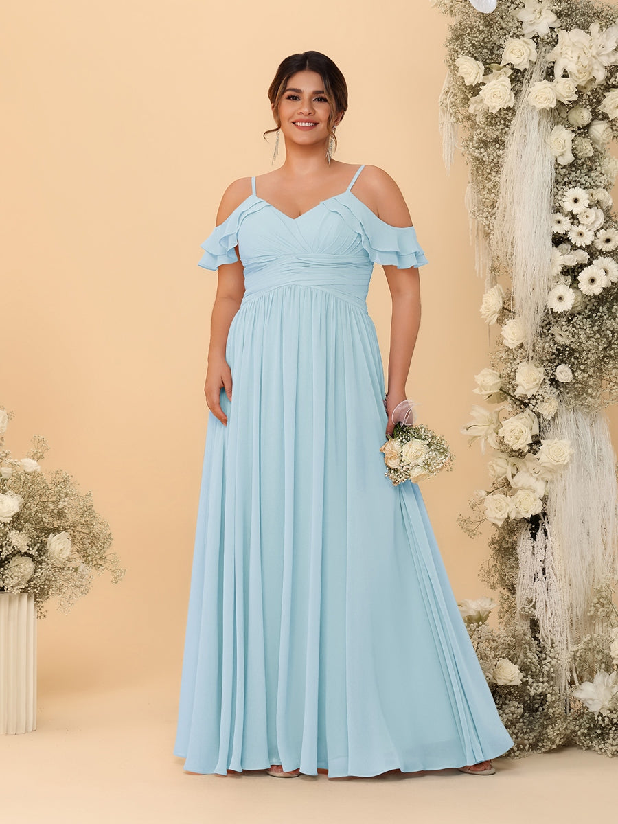 A-Line/Princess V-Neck Spaghetti Straps Chiffon Ruched Plus Size Bridesmaid Dresses Light Blue
