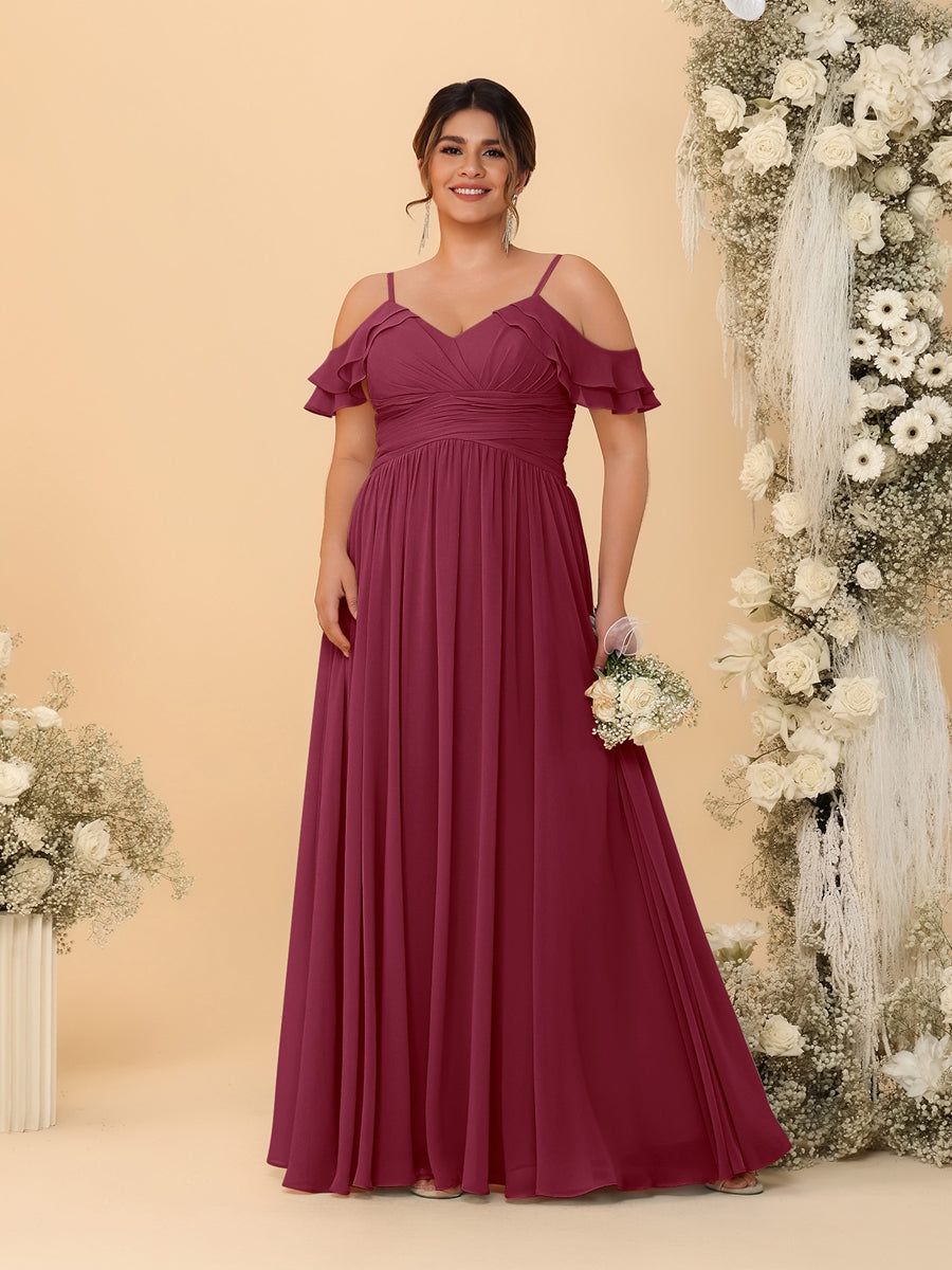 A-Line/Princess V-Neck Spaghetti Straps Chiffon Ruched Plus Size Bridesmaid Dresses Light Burgundy