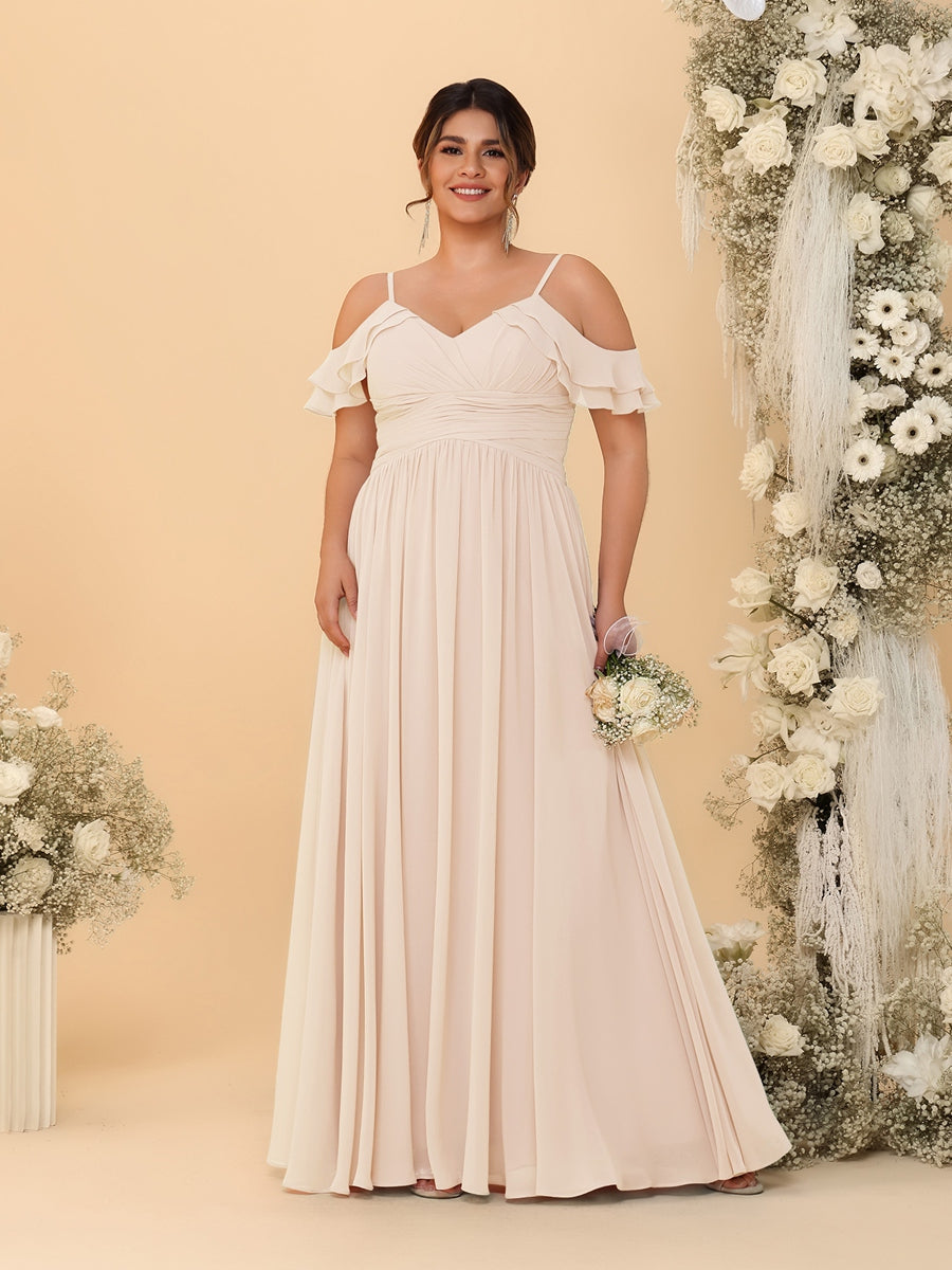 A-Line/Princess V-Neck Spaghetti Straps Chiffon Ruched Plus Size Bridesmaid Dresses Light Champagne