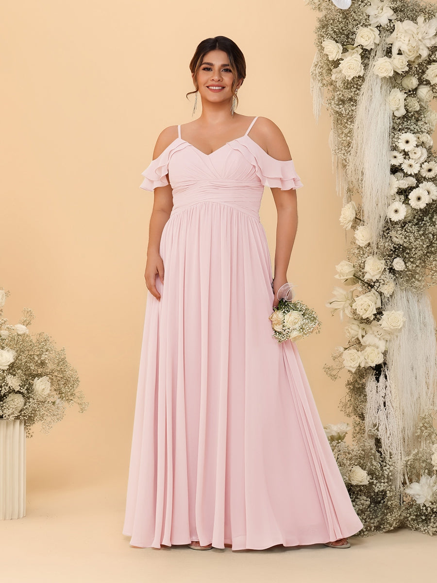 A-Line/Princess V-Neck Spaghetti Straps Chiffon Ruched Plus Size Bridesmaid Dresses Light Pink