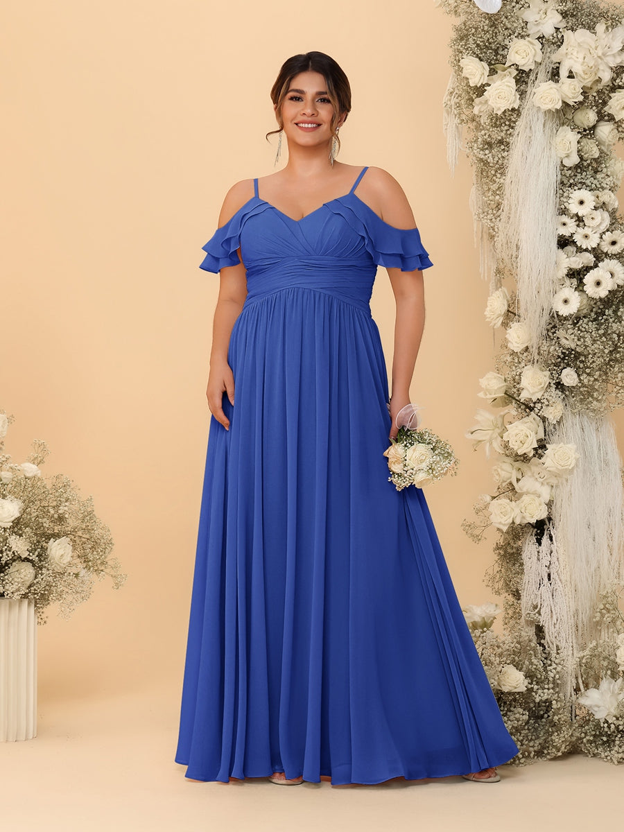 A-Line/Princess V-Neck Spaghetti Straps Chiffon Ruched Plus Size Bridesmaid Dresses Light Royal Blue