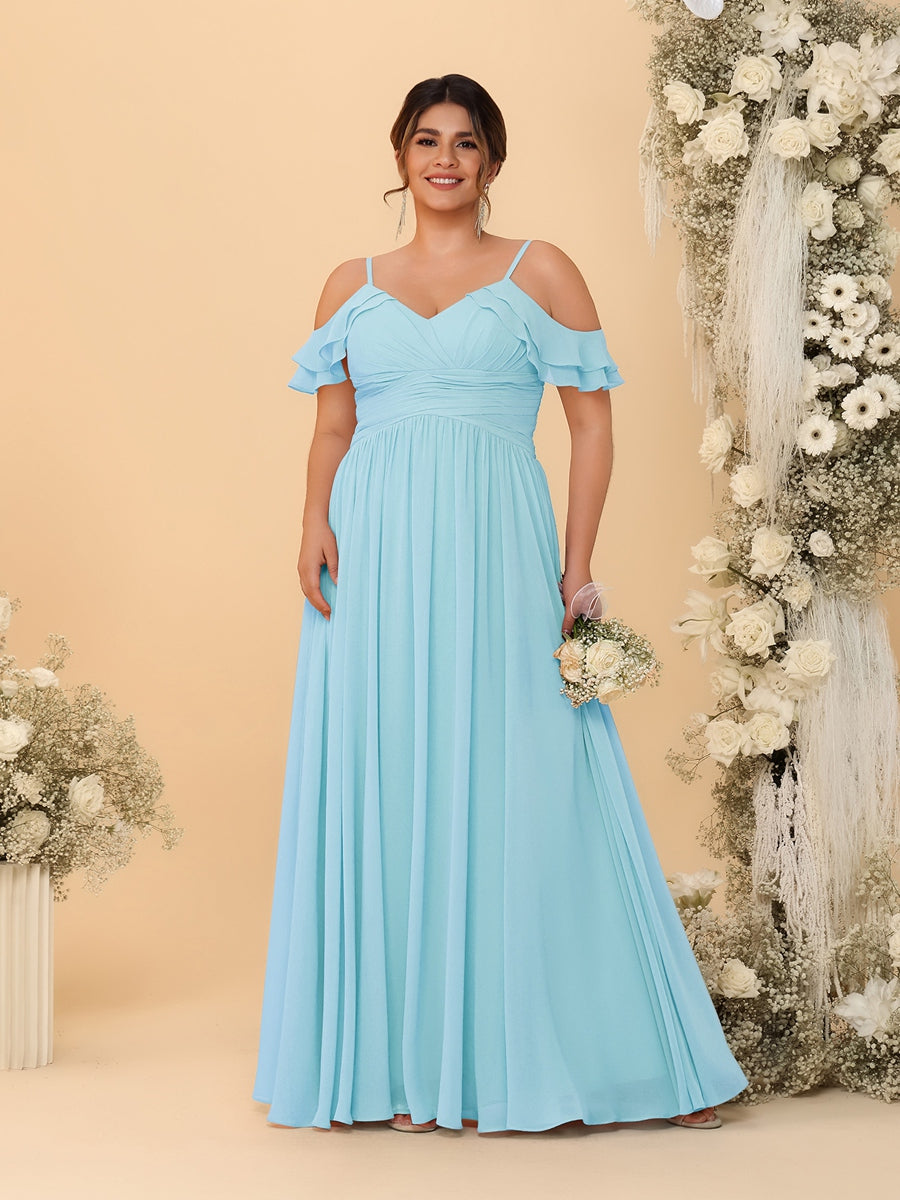 A-Line/Princess V-Neck Spaghetti Straps Chiffon Ruched Plus Size Bridesmaid Dresses Light Sky Blue