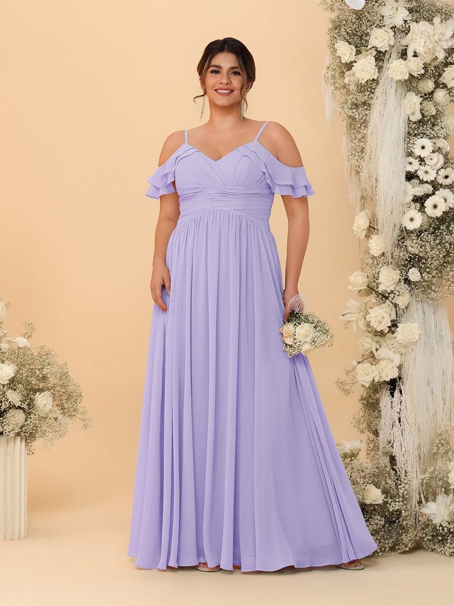 A-Line/Princess V-Neck Spaghetti Straps Chiffon Ruched Plus Size Bridesmaid Dresses Lilac