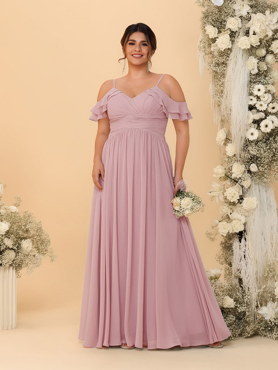 A-Line/Princess V-Neck Spaghetti Straps Chiffon Ruched Plus Size Bridesmaid Dresses Mauve