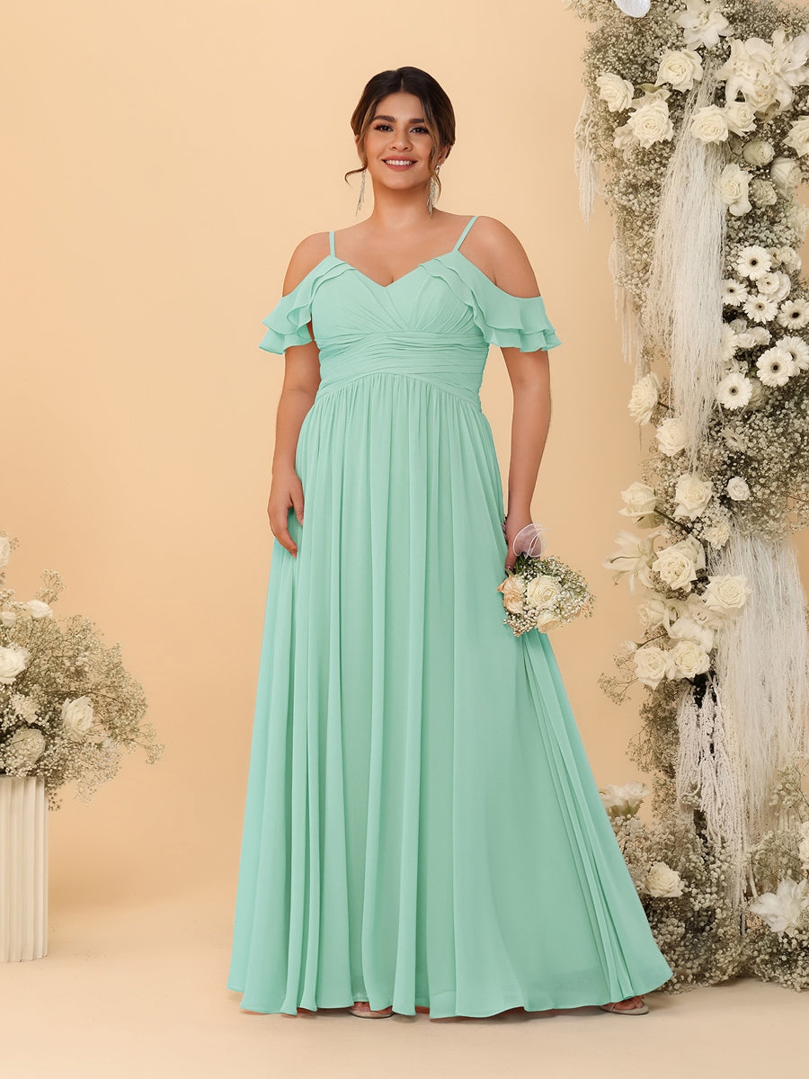 A-Line/Princess V-Neck Spaghetti Straps Chiffon Ruched Plus Size Bridesmaid Dresses Mint Green