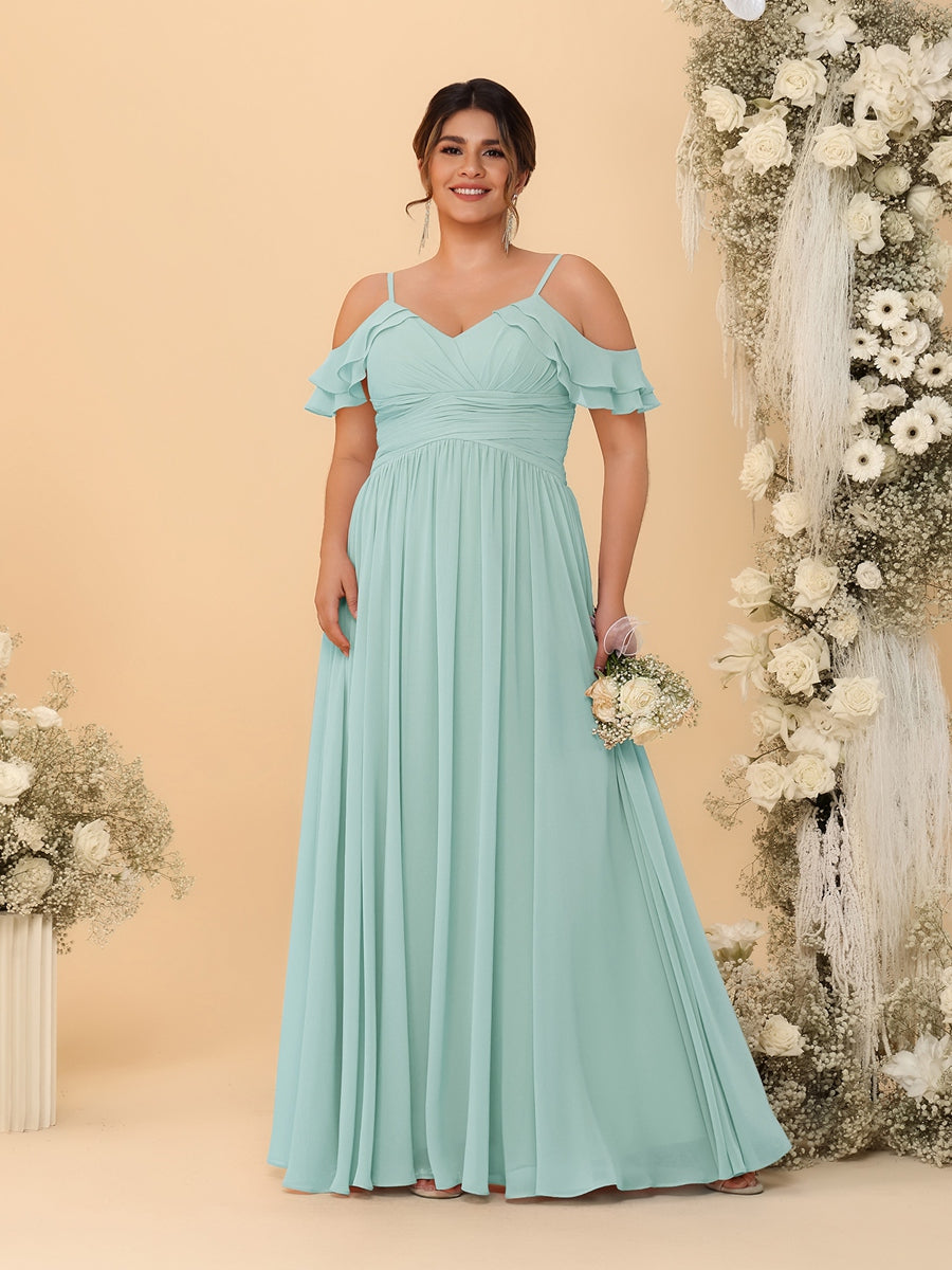 A-Line/Princess V-Neck Spaghetti Straps Chiffon Ruched Plus Size Bridesmaid Dresses Mist Blue
