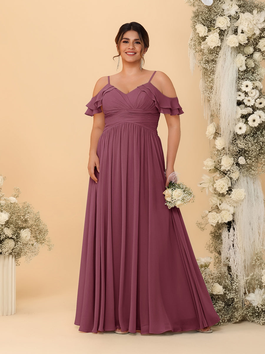 A-Line/Princess V-Neck Spaghetti Straps Chiffon Ruched Plus Size Bridesmaid Dresses Mulberry