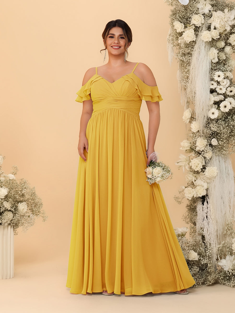 A-Line/Princess V-Neck Spaghetti Straps Chiffon Ruched Plus Size Bridesmaid Dresses Mustard Yellow