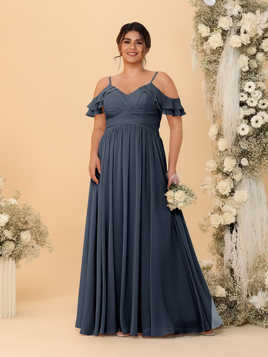 A-Line/Princess V-Neck Spaghetti Straps Chiffon Ruched Plus Size Bridesmaid Dresses Navy Blue