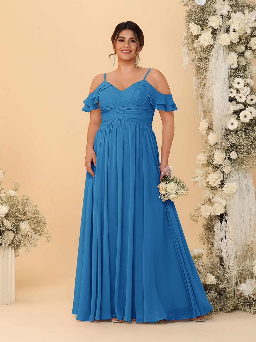 A-Line/Princess V-Neck Spaghetti Straps Chiffon Ruched Plus Size Bridesmaid Dresses Ocean Blue