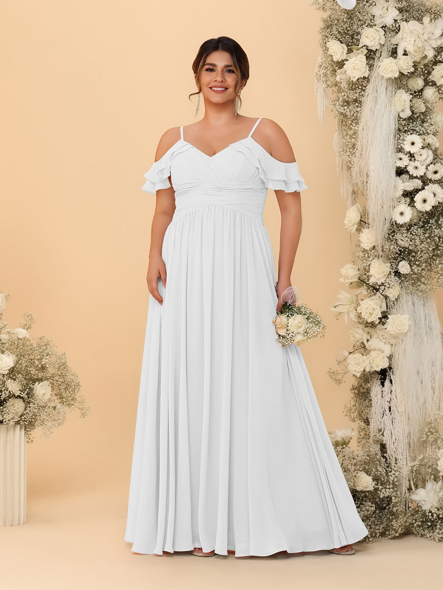 A-Line/Princess V-Neck Spaghetti Straps Chiffon Ruched Plus Size Bridesmaid Dresses Off White