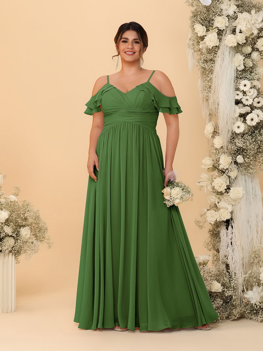 A-Line/Princess V-Neck Spaghetti Straps Chiffon Ruched Plus Size Bridesmaid Dresses Olive Green