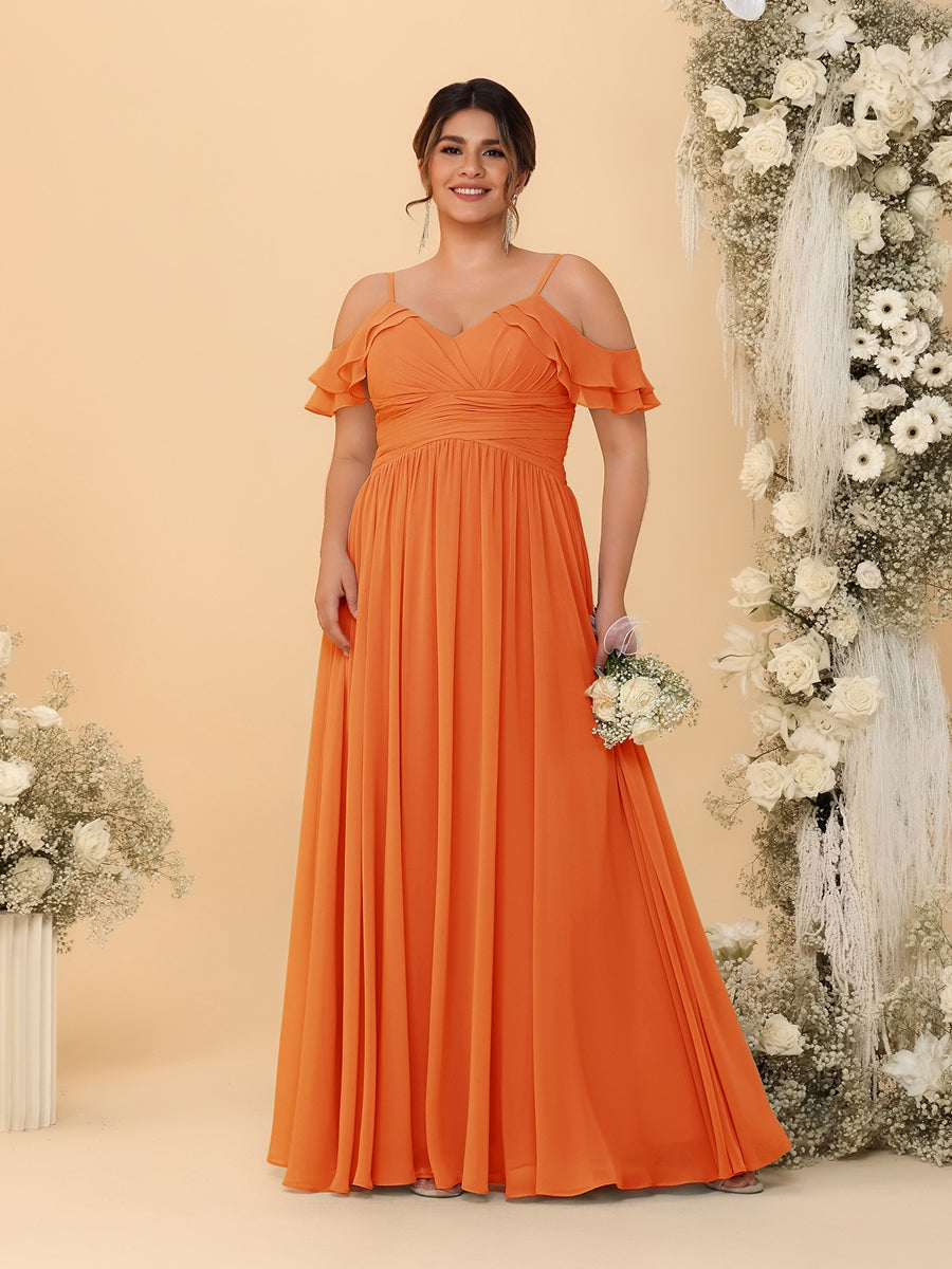 A-Line/Princess V-Neck Spaghetti Straps Chiffon Ruched Plus Size Bridesmaid Dresses Orange