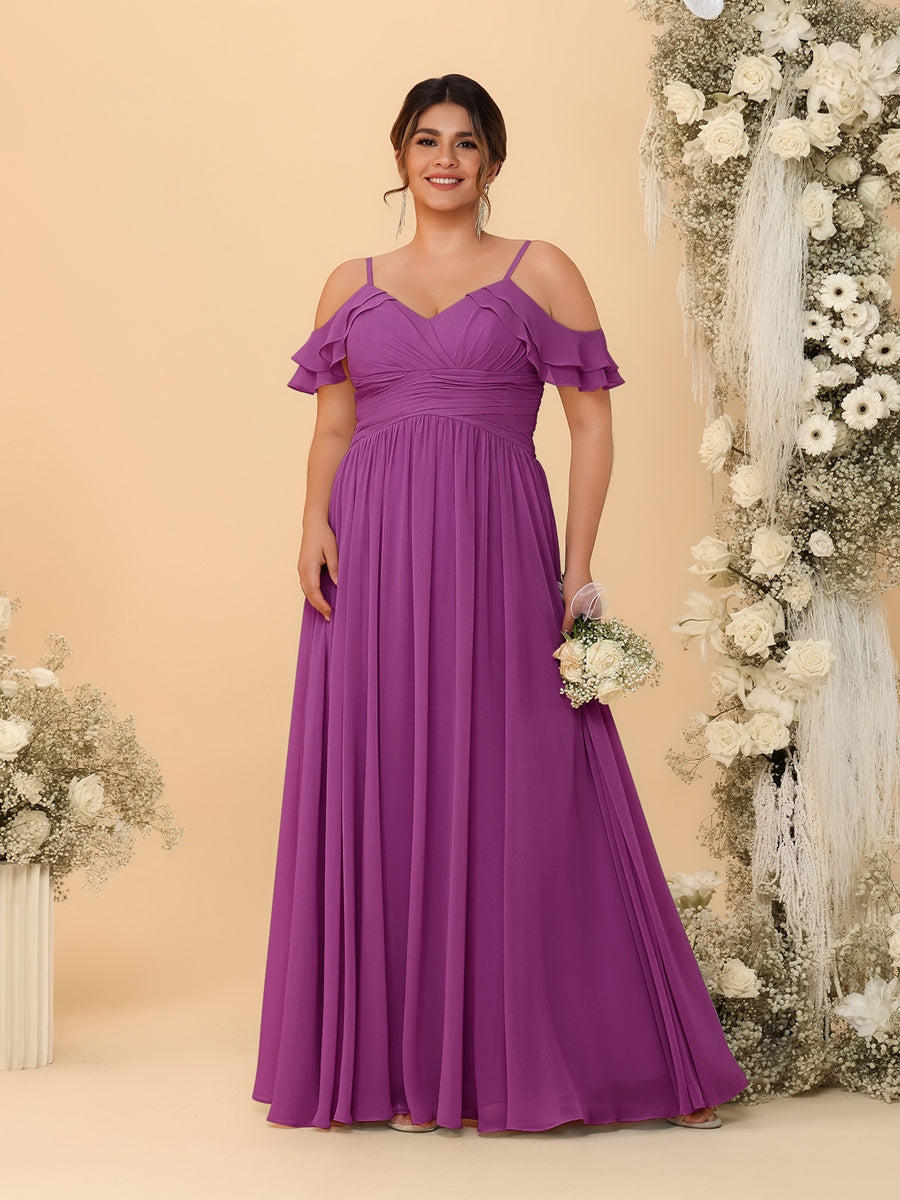 A-Line/Princess V-Neck Spaghetti Straps Chiffon Ruched Plus Size Bridesmaid Dresses Orchid