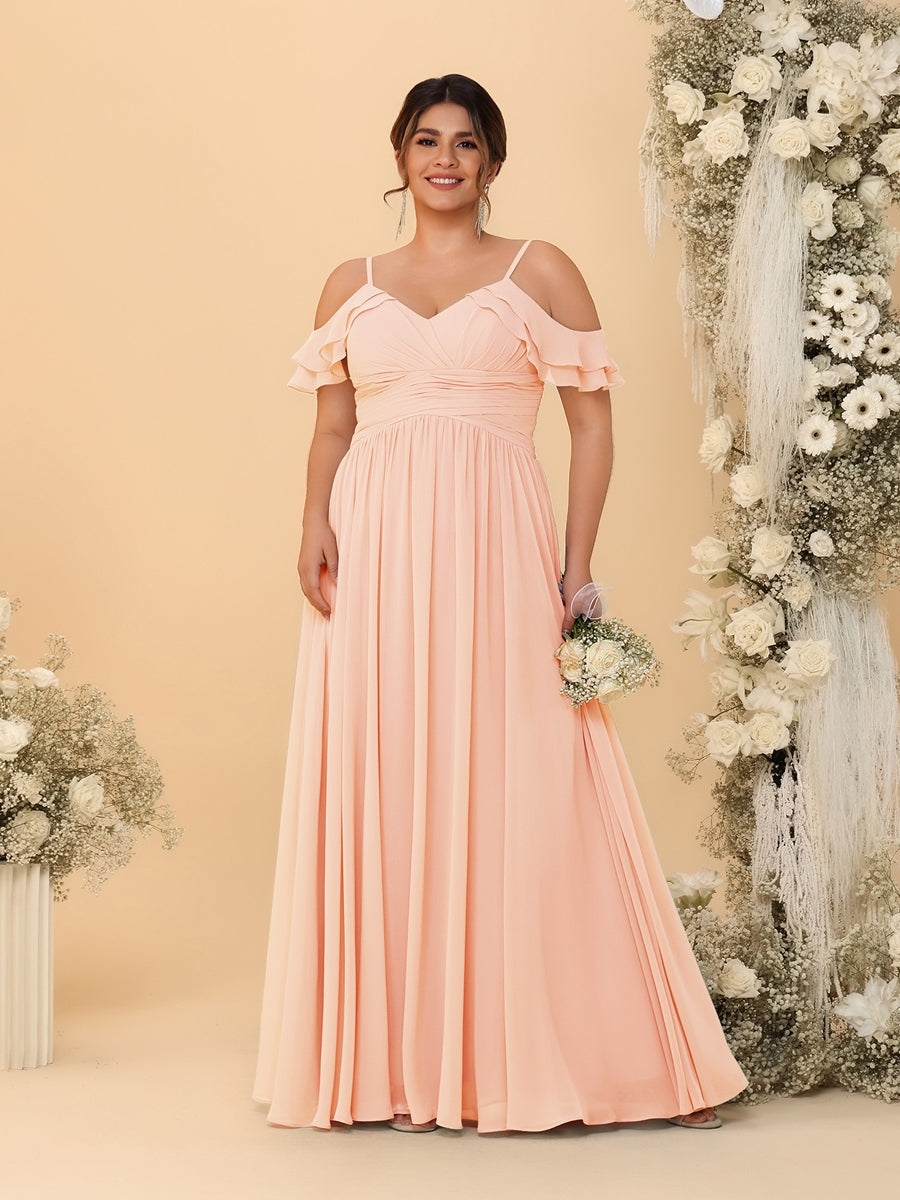 A-Line/Princess V-Neck Spaghetti Straps Chiffon Ruched Plus Size Bridesmaid Dresses Peach Pink