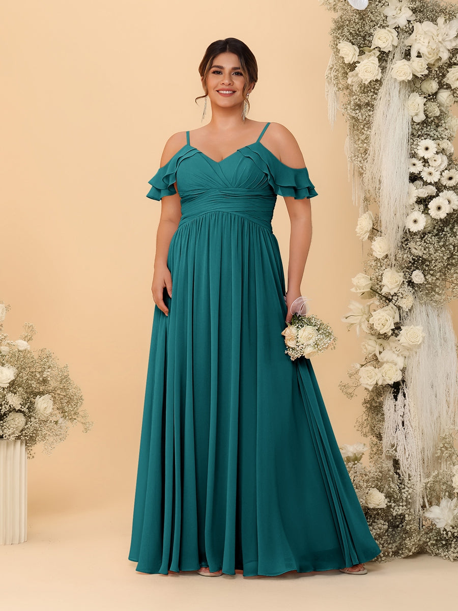 A-Line/Princess V-Neck Spaghetti Straps Chiffon Ruched Plus Size Bridesmaid Dresses Peacock