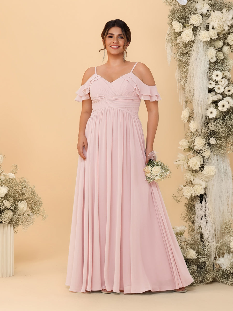 A-Line/Princess V-Neck Spaghetti Straps Chiffon Ruched Plus Size Bridesmaid Dresses Pearl Pink