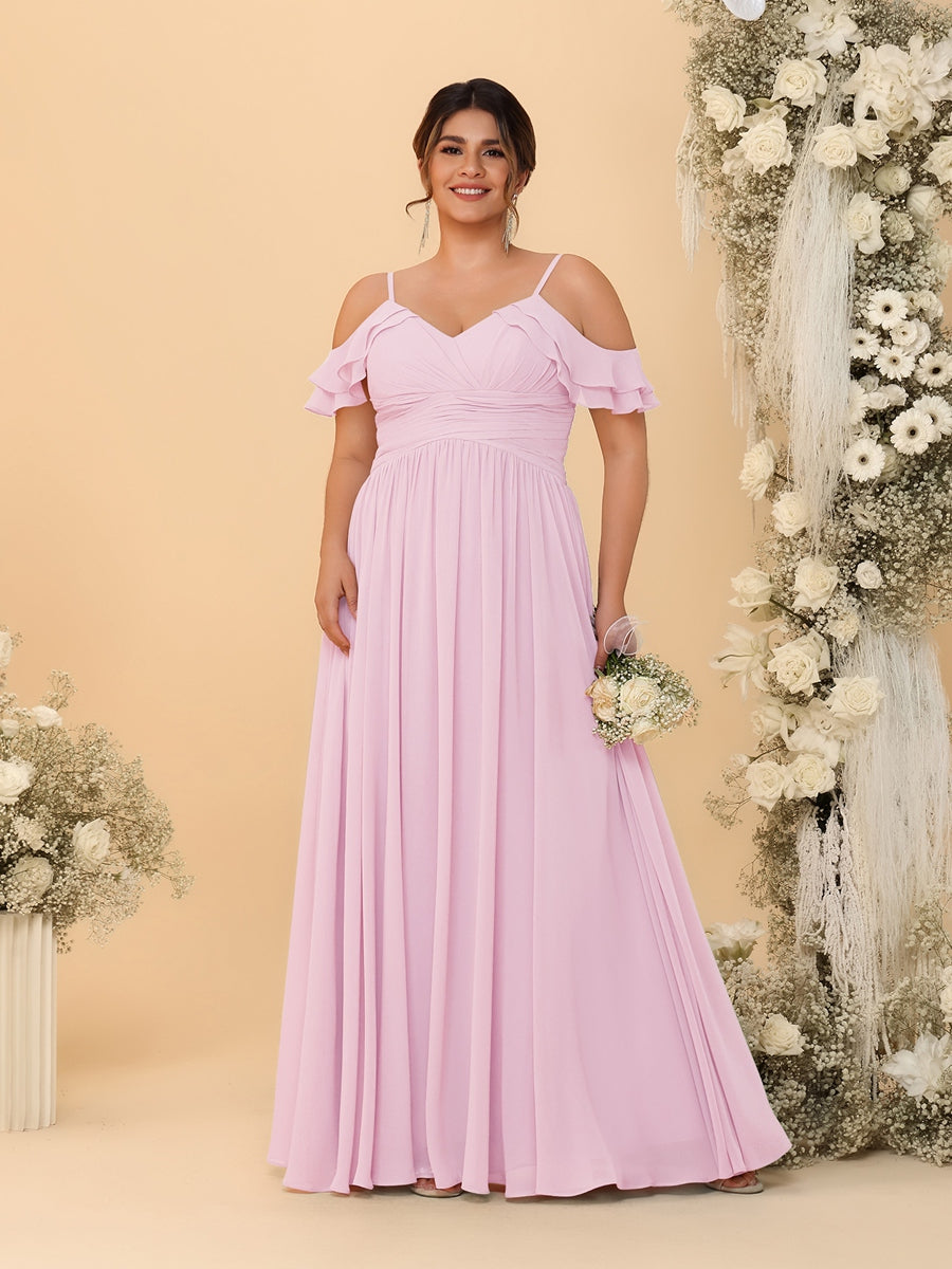 A-Line/Princess V-Neck Spaghetti Straps Chiffon Ruched Plus Size Bridesmaid Dresses Pink