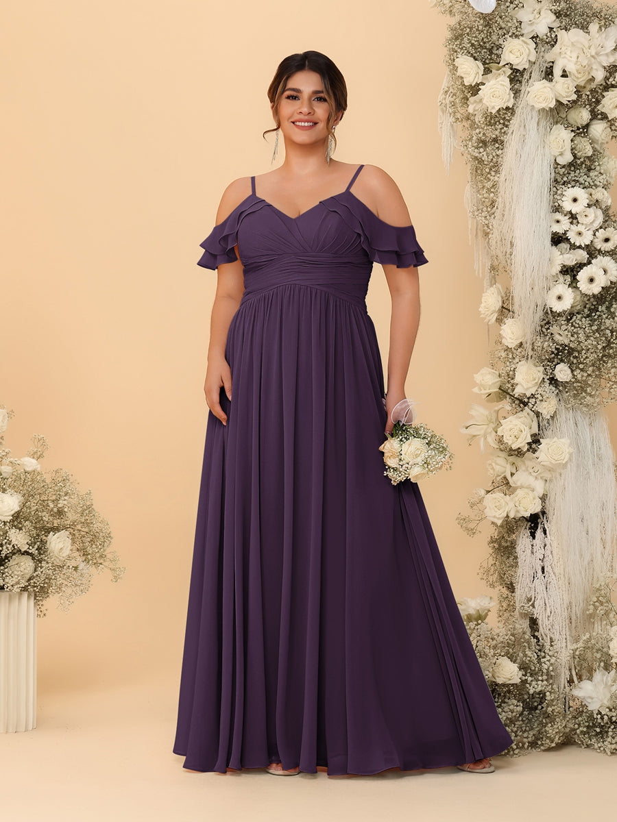 A-Line/Princess V-Neck Spaghetti Straps Chiffon Ruched Plus Size Bridesmaid Dresses Plum