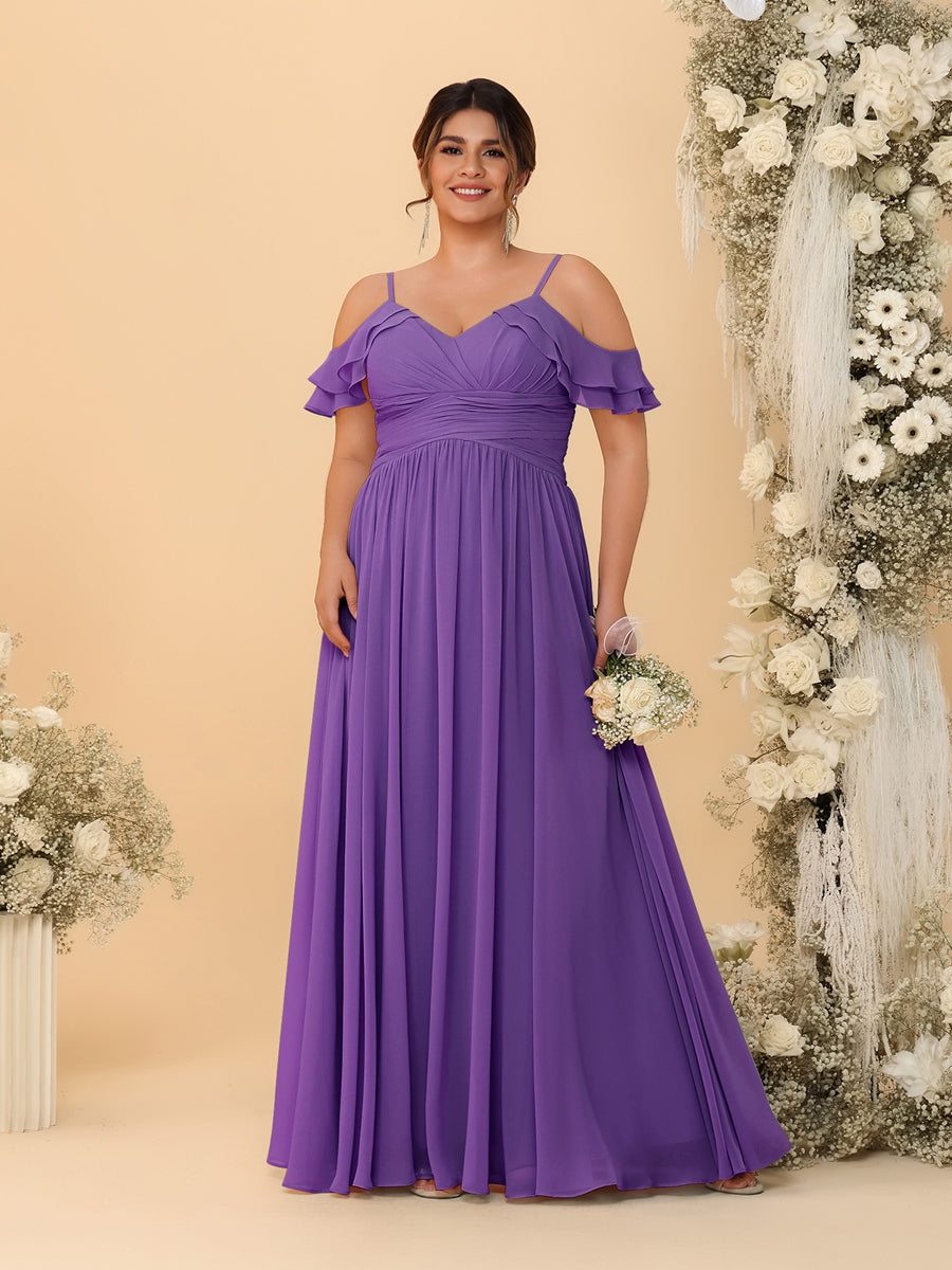 A-Line/Princess V-Neck Spaghetti Straps Chiffon Ruched Plus Size Bridesmaid Dresses Purple