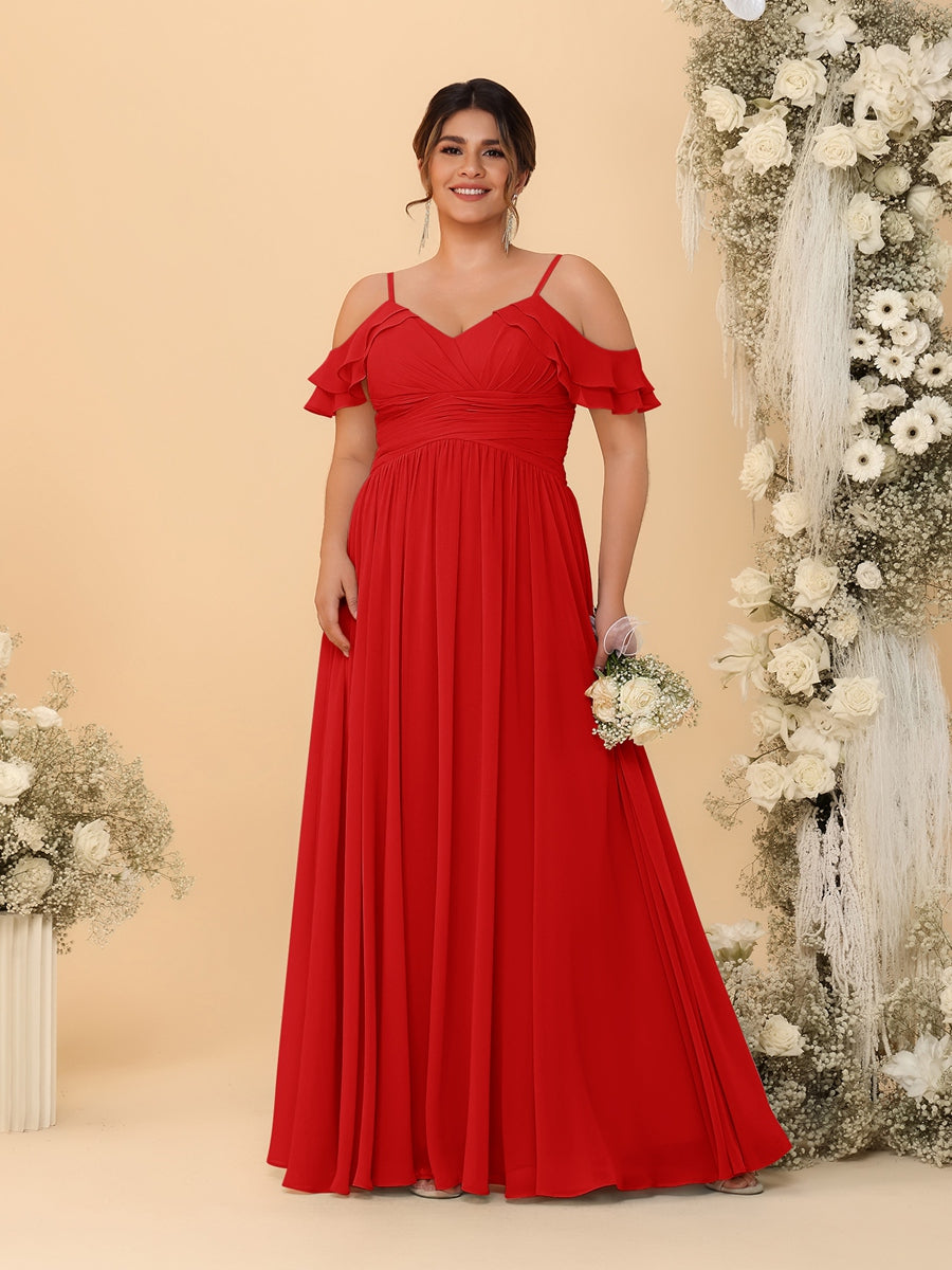 A-Line/Princess V-Neck Spaghetti Straps Chiffon Ruched Plus Size Bridesmaid Dresses Red