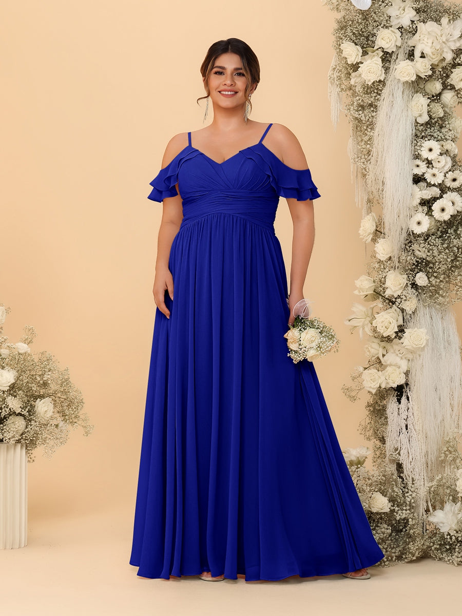 A-Line/Princess V-Neck Spaghetti Straps Chiffon Ruched Plus Size Bridesmaid Dresses Royal Blue