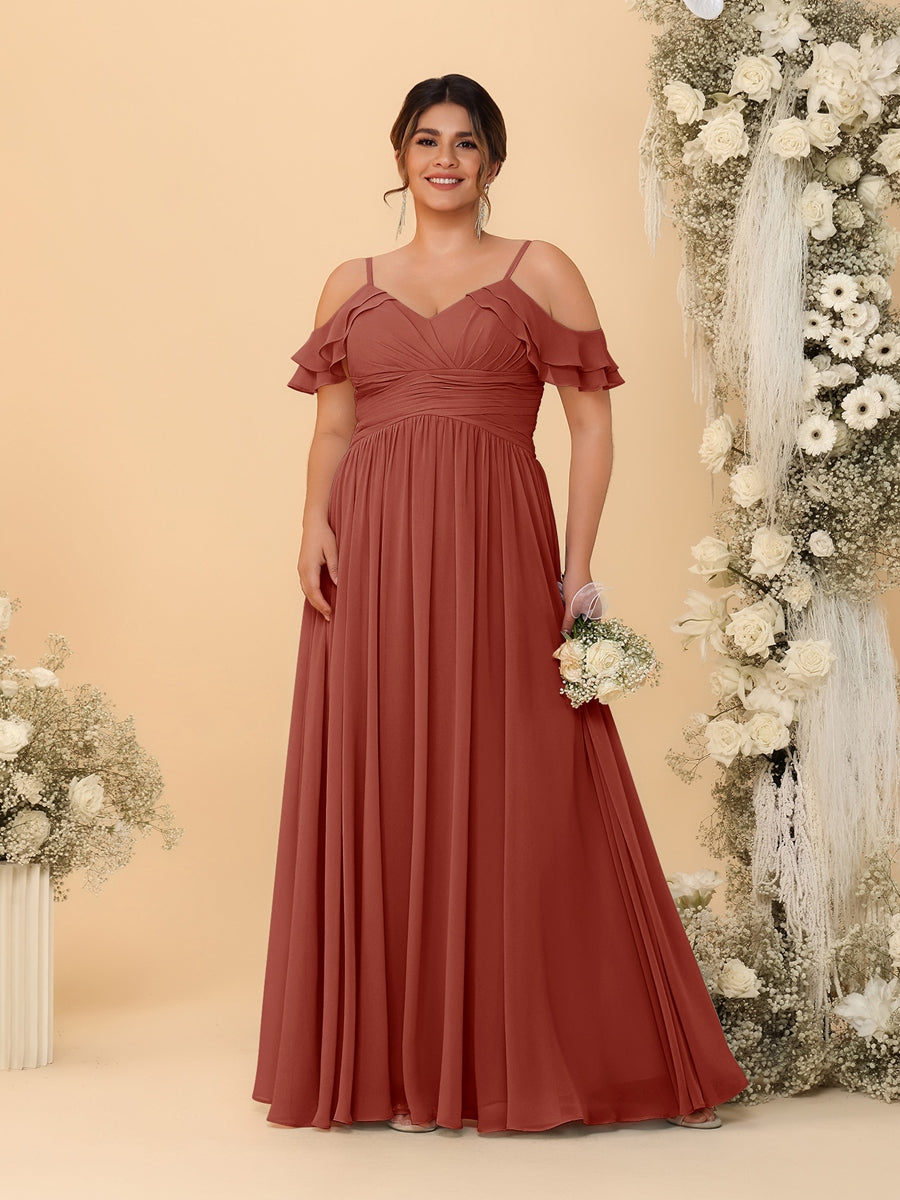 A-Line/Princess V-Neck Spaghetti Straps Chiffon Ruched Plus Size Bridesmaid Dresses Rust