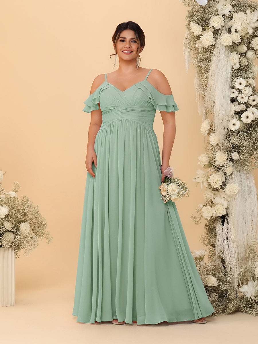 A-Line/Princess V-Neck Spaghetti Straps Chiffon Ruched Plus Size Bridesmaid Dresses Sage