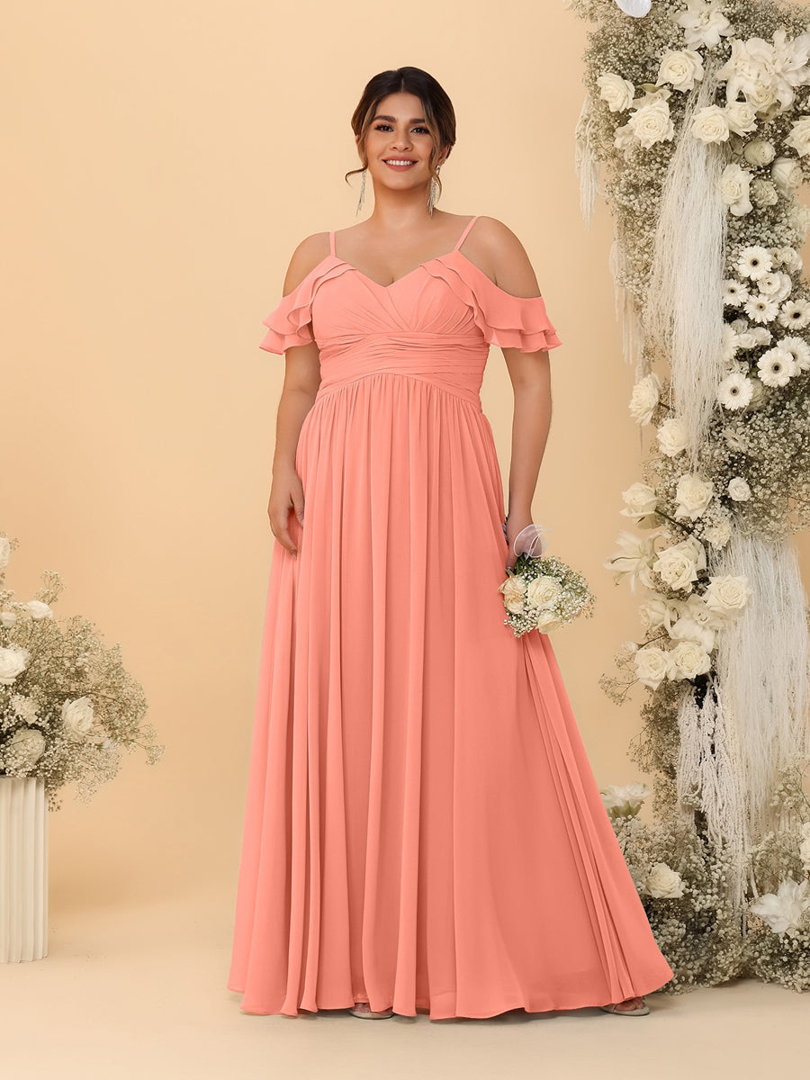 A-Line/Princess V-Neck Spaghetti Straps Chiffon Ruched Plus Size Bridesmaid Dresses Salmon