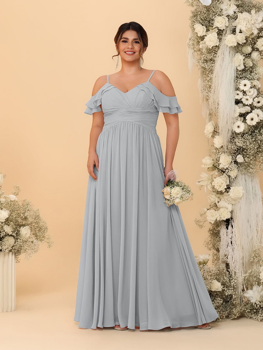 A-Line/Princess V-Neck Spaghetti Straps Chiffon Ruched Plus Size Bridesmaid Dresses Silver