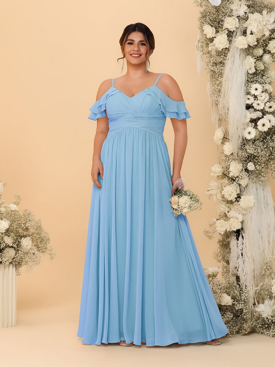A-Line/Princess V-Neck Spaghetti Straps Chiffon Ruched Plus Size Bridesmaid Dresses Sky Blue