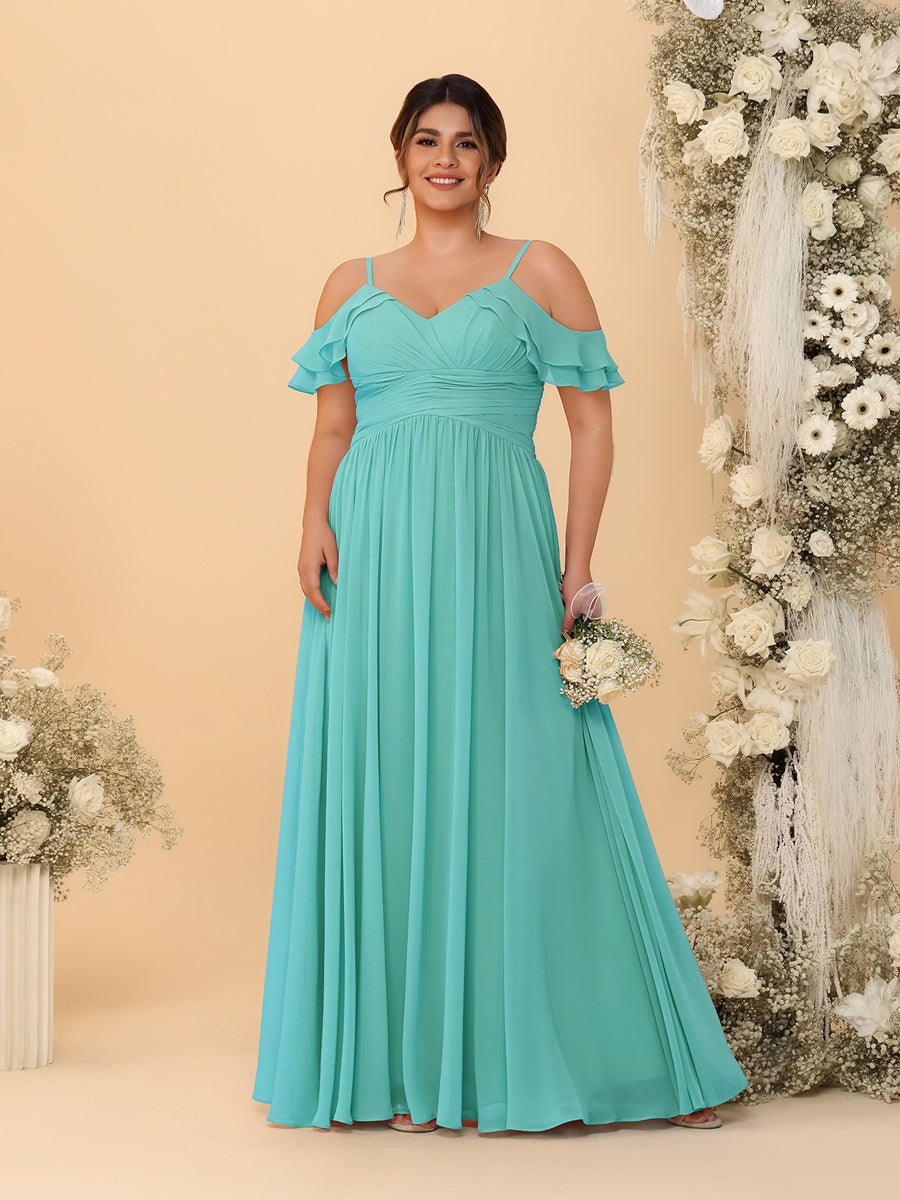 A-Line/Princess V-Neck Spaghetti Straps Chiffon Ruched Plus Size Bridesmaid Dresses Spa