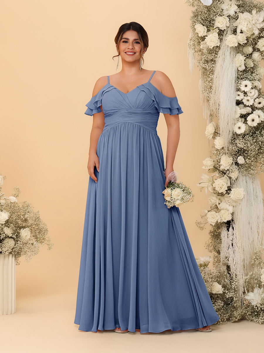 A-Line/Princess V-Neck Spaghetti Straps Chiffon Ruched Plus Size Bridesmaid Dresses Steel Blue
