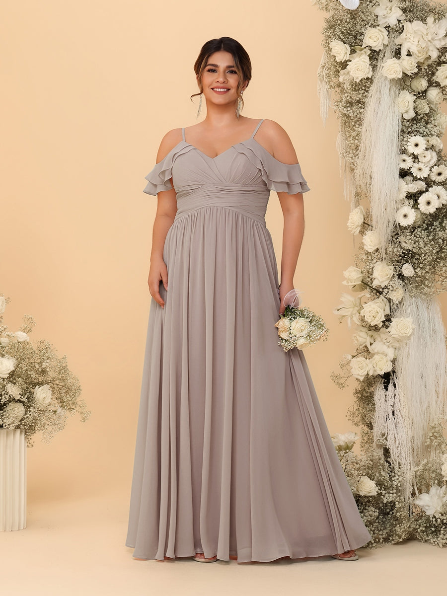 A-Line/Princess V-Neck Spaghetti Straps Chiffon Ruched Plus Size Bridesmaid Dresses Taupe