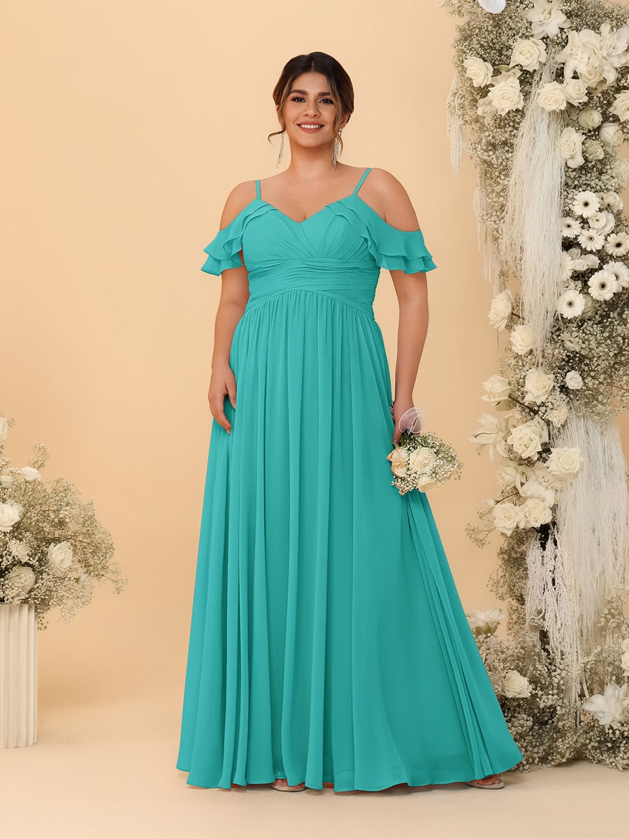 A-Line/Princess V-Neck Spaghetti Straps Chiffon Ruched Plus Size Bridesmaid Dresses Turquoise
