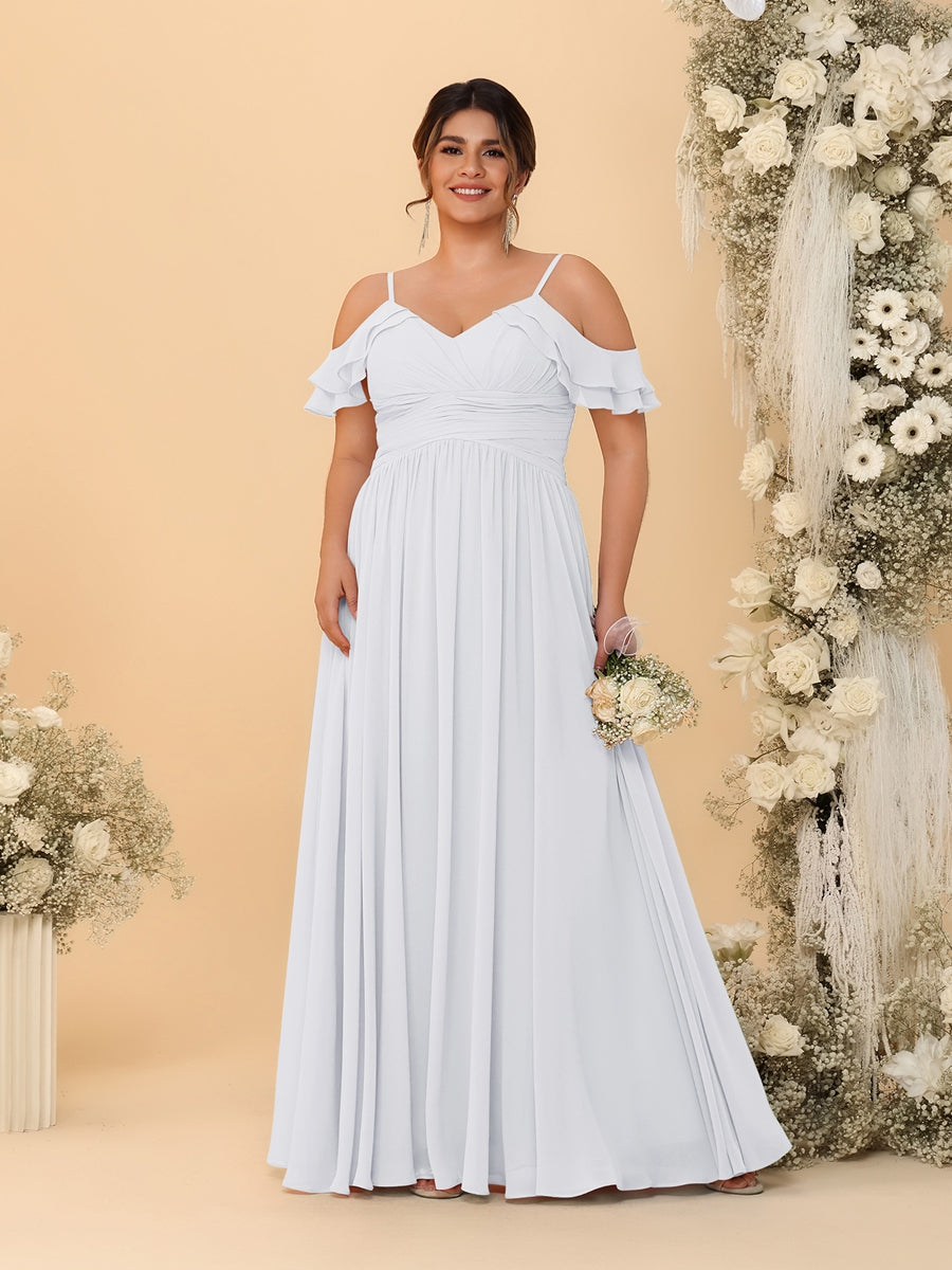 A-Line/Princess V-Neck Spaghetti Straps Chiffon Ruched Plus Size Bridesmaid Dresses White