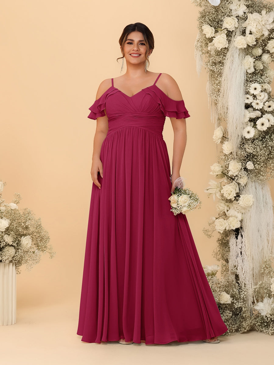 A-Line/Princess V-Neck Spaghetti Straps Chiffon Ruched Plus Size Bridesmaid Dresses Wine Red