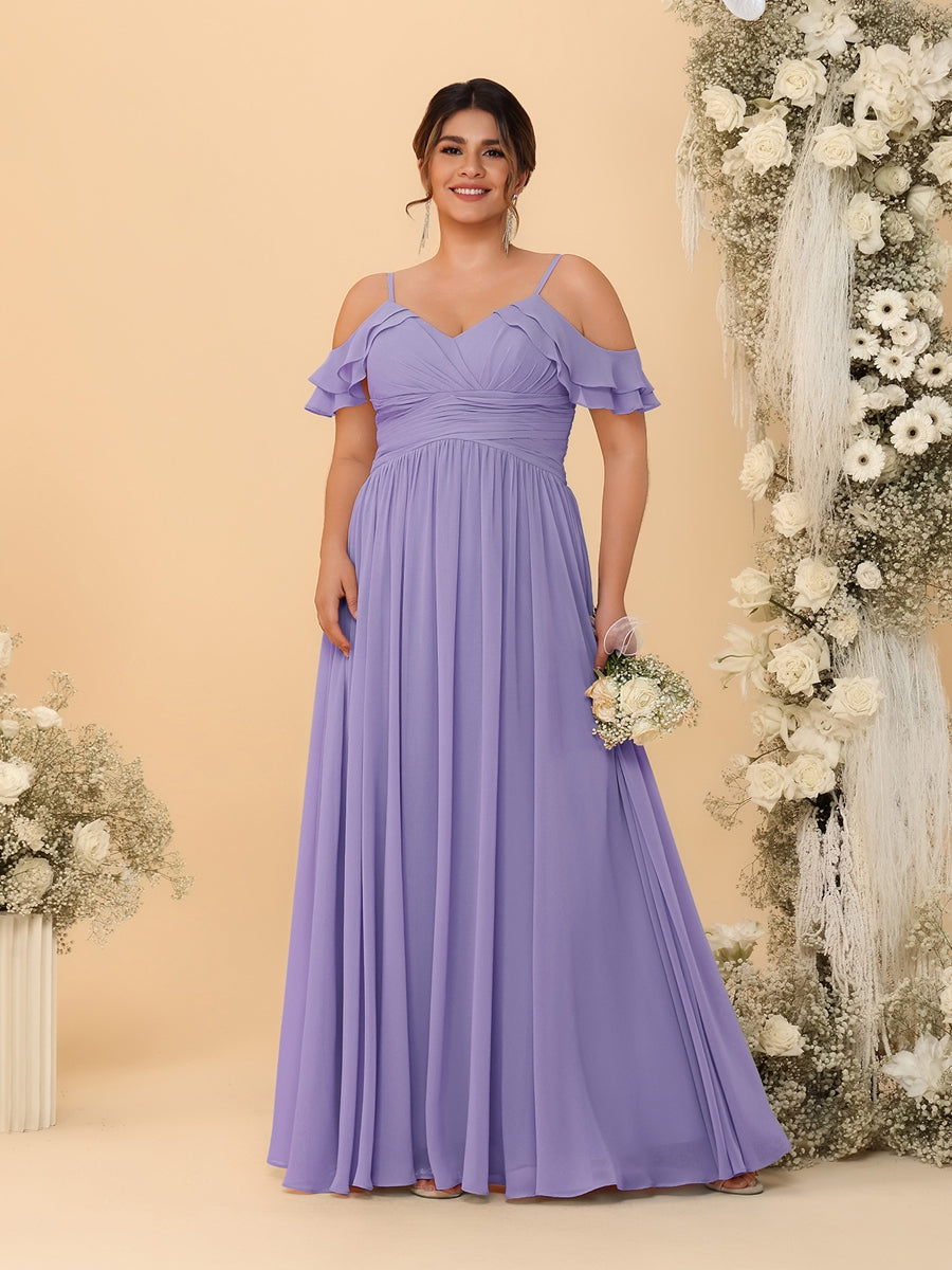 A-Line/Princess V-Neck Spaghetti Straps Chiffon Ruched Plus Size Bridesmaid Dresses Wisteria