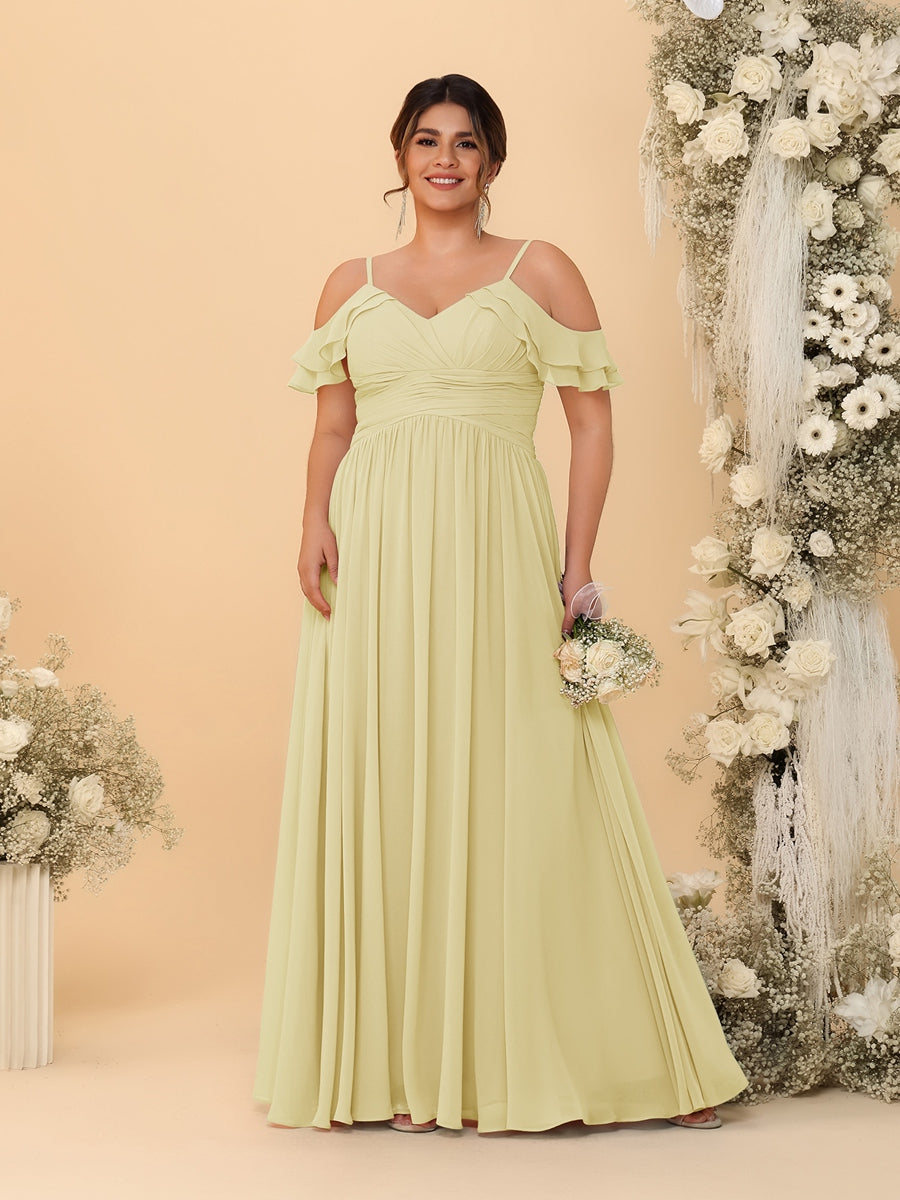 A-Line/Princess V-Neck Spaghetti Straps Chiffon Ruched Plus Size Bridesmaid Dresses Yellow