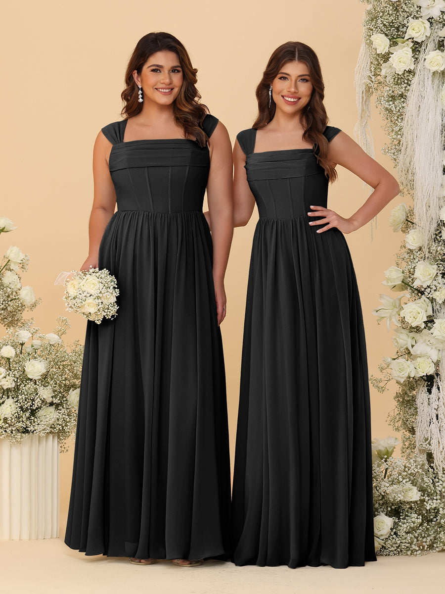 Chiffon A-Line/Princess Square Neck Sleeveless Bridesmaid Dresses with Pleats Black