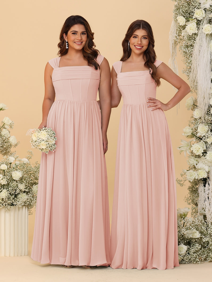 Chiffon A-Line/Princess Square Neck Sleeveless Bridesmaid Dresses with Pleats Blush Pink
