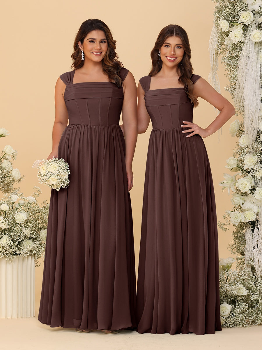 Chiffon A-Line/Princess Square Neck Sleeveless Bridesmaid Dresses with Pleats Brown