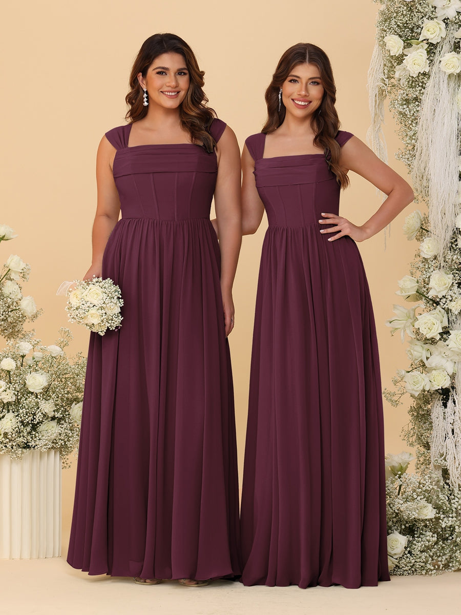 Chiffon A-Line/Princess Square Neck Sleeveless Bridesmaid Dresses with Pleats Burgundy