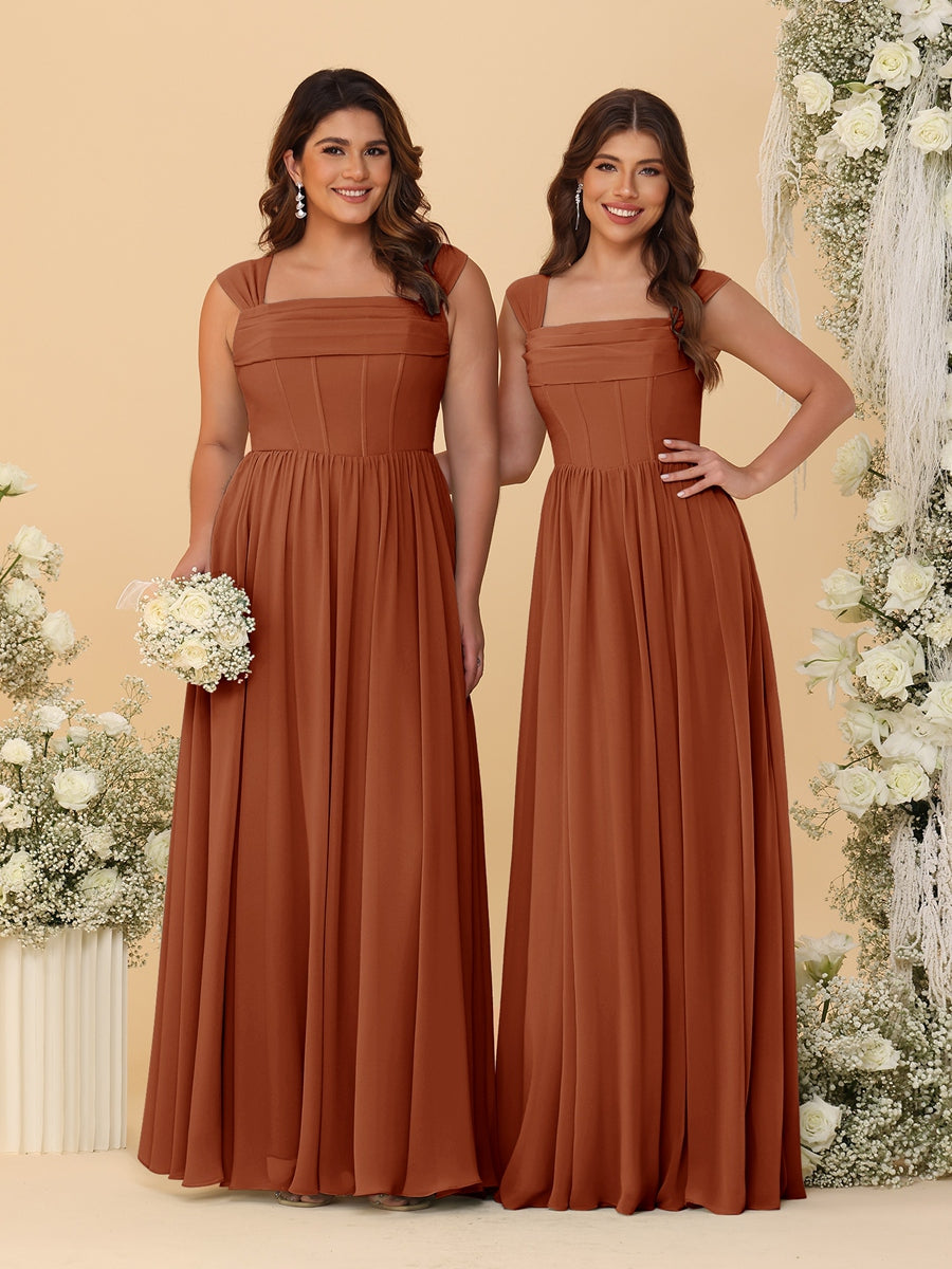 Chiffon A-Line/Princess Square Neck Sleeveless Bridesmaid Dresses with Pleats Burnt Orange