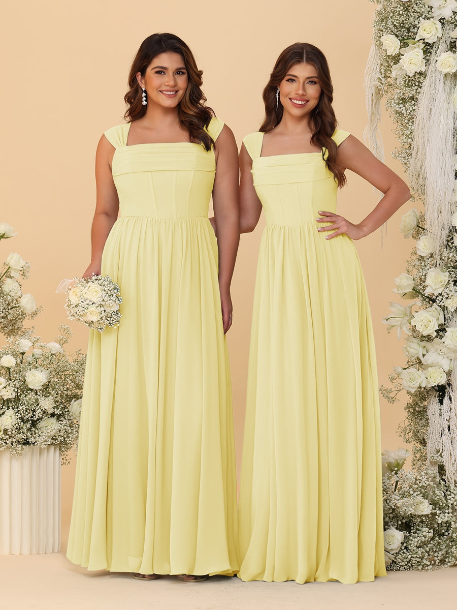 Chiffon A-Line/Princess Square Neck Sleeveless Bridesmaid Dresses with Pleats Canary